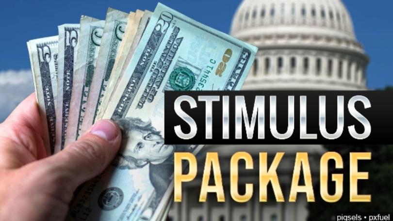 Graphic image of a person holding cash with the Capitol in the background and the words STIMULUS PACKAGE in the foreground